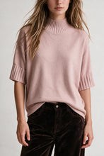 Load image into Gallery viewer, Pink chunky Knit Ribbed High Collar Relaxed Fit Sweater with elbow-length sleeve