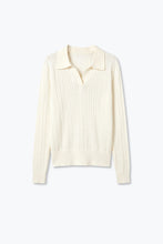 Load image into Gallery viewer, Cream Merino Wool Blend Cable Knit Polo Collar Ribbed Trim Sweater