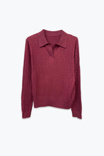 Load image into Gallery viewer, Burgundy Merino Wool Blend Cable Knit Polo Collar Ribbed Hem Sweater
