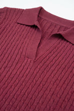 Load image into Gallery viewer, Burgundy Merino Wool Blend Cable Knit Polo Collar Ribbed Hem Sweater