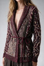 Load image into Gallery viewer, Burgundy Chunky Knit Jacquard Belted Shawl Cardigan