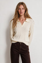Load image into Gallery viewer, Cream Merino Wool Blend Cable Knit Polo Collar Ribbed Trim Sweater