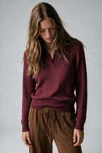 Load image into Gallery viewer, Burgundy Merino Wool Blend Cable Knit Polo Collar Ribbed Hem Sweater