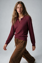Load image into Gallery viewer, Burgundy Merino Wool Blend Cable Knit Polo Collar Ribbed Hem Sweater