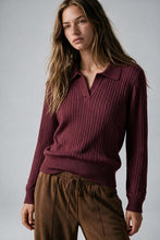 Load image into Gallery viewer, Burgundy Merino Wool Blend Cable Knit Polo Collar Ribbed Hem Sweater
