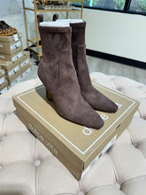 Load image into Gallery viewer, Brown suede ankle booties with a chunky heel.