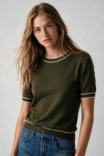 Load image into Gallery viewer, Olive Fine Knit Contrast Trim Crew Neck Short Sleeve sweater
