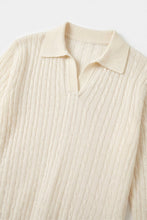 Load image into Gallery viewer, Cream Merino Wool Blend Cable Knit Polo Collar Ribbed Trim Sweater
