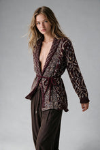 Load image into Gallery viewer, Burgundy Chunky Knit Jacquard Belted Shawl Cardigan
