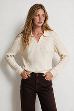 Load image into Gallery viewer, Cream Merino Wool Blend Cable Knit Polo Collar Ribbed Trim Sweater
