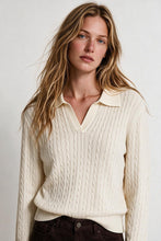 Load image into Gallery viewer, Cream Merino Wool Blend Cable Knit Polo Collar Ribbed Trim Sweater
