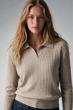 Load image into Gallery viewer, Fango Merino Wool Blend Cable Knit Open Polo Collar Ribbed Trim Sweater
