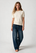 Load image into Gallery viewer, Cream Merino Wool Blend Fine Knit Ribbed Short Sleeve sweater

