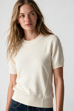 Load image into Gallery viewer, Cream Merino Wool Blend Fine Knit Ribbed Short Sleeve sweater
