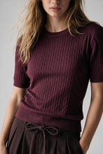 Load image into Gallery viewer, purple Cable Knit Ribbed Crew Neck Short Sleeve Sweater
