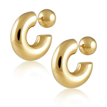 Load image into Gallery viewer, Gold chunky hoop earrings with gold ball stud backing.
