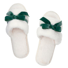Load image into Gallery viewer, Plush Bow Velvet Slippers-Forest Green
