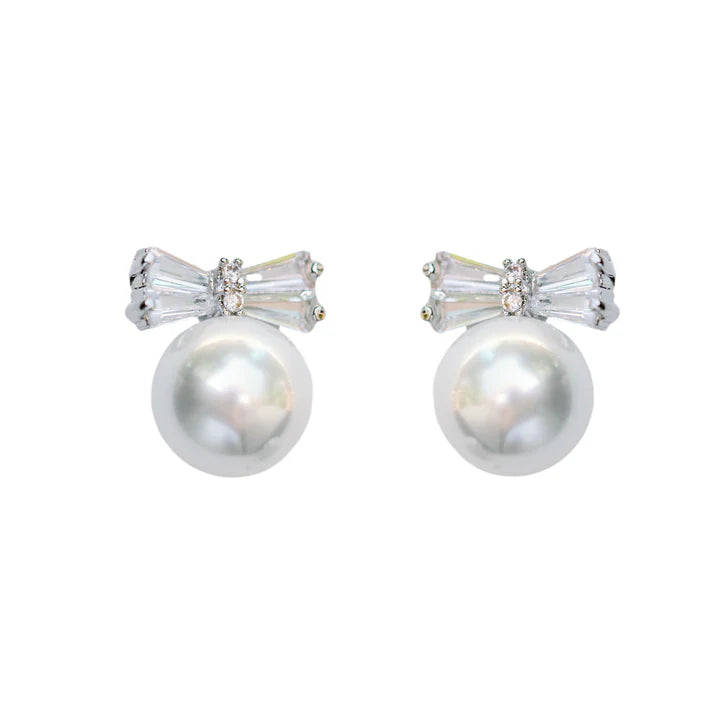 Diamond Bow Mini Pearl Stud