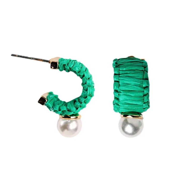 Green Raffia Huggie Hoop Earring