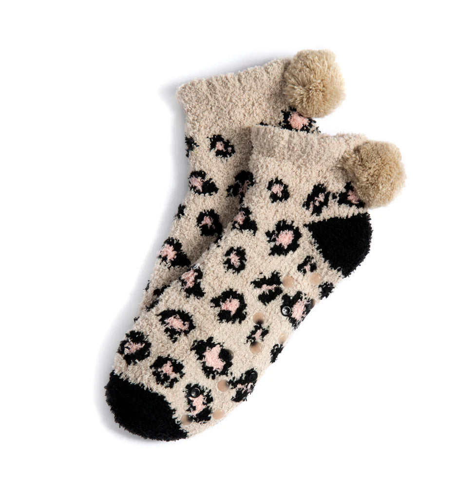 Alma Leopard Plush Socks-Camel