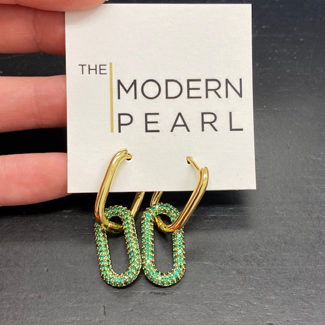 Pave Link Earring-Green